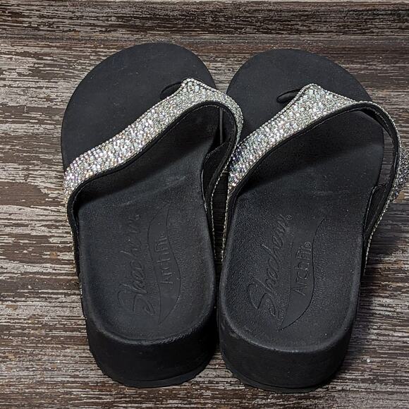 Skechers Arch Fit Women's Black/Rhinestone Comfort Walking Flip Flop Size 9 - Picture 4 of 7